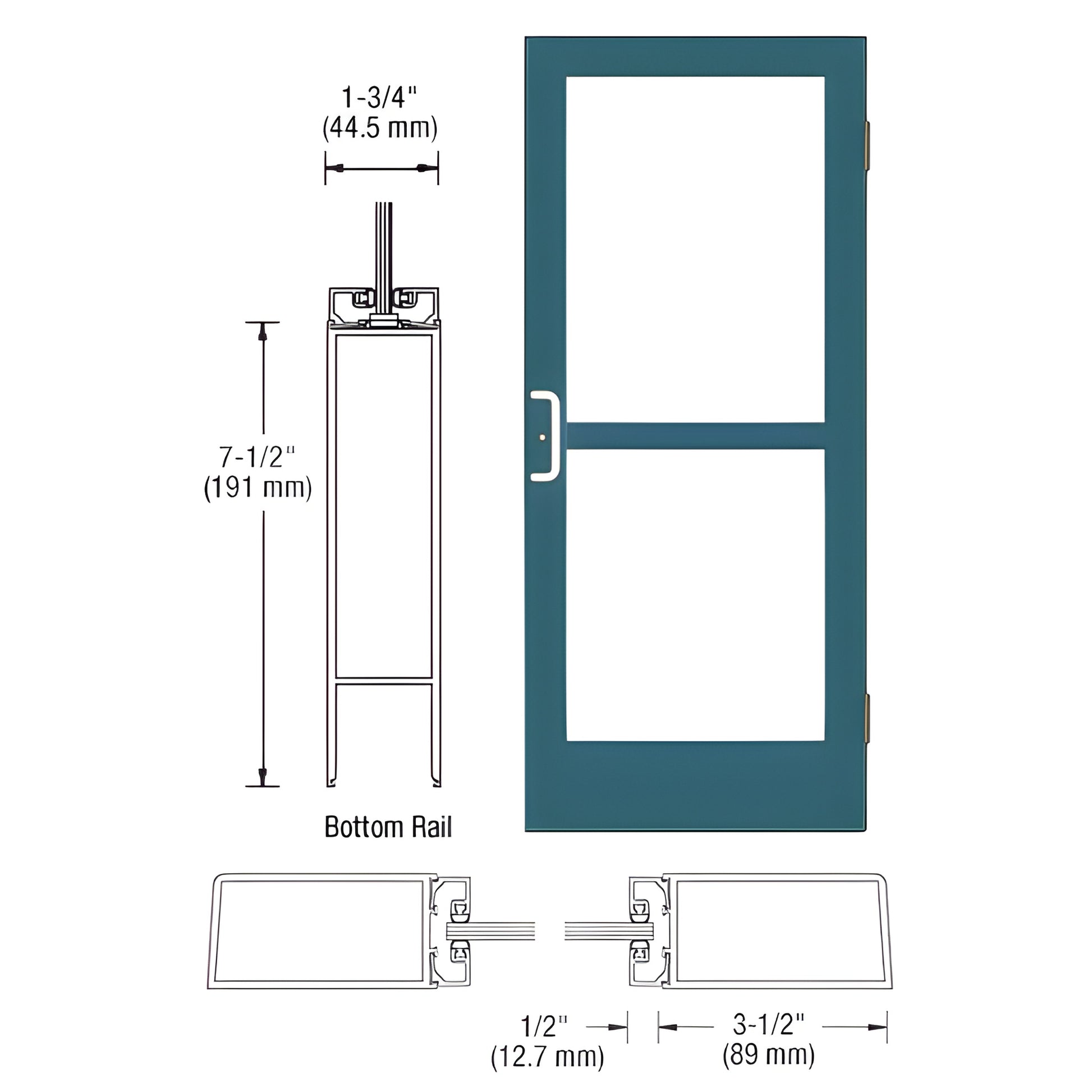 Custom Medium Stile Entrance Door HZ41571 - teal aluminum frame with two glass panels and panic pull hardware.