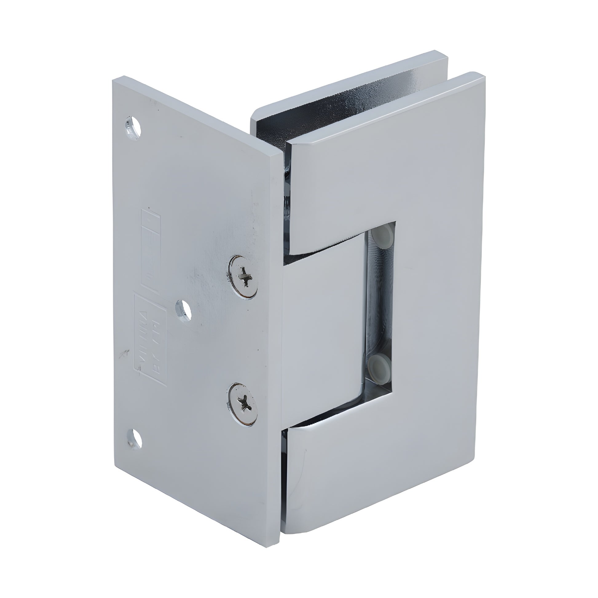 Polished chrome Vienna solid-brass shower hinge for 3/8-1/2" glass, square wall-mount design, SKU V1E044CH