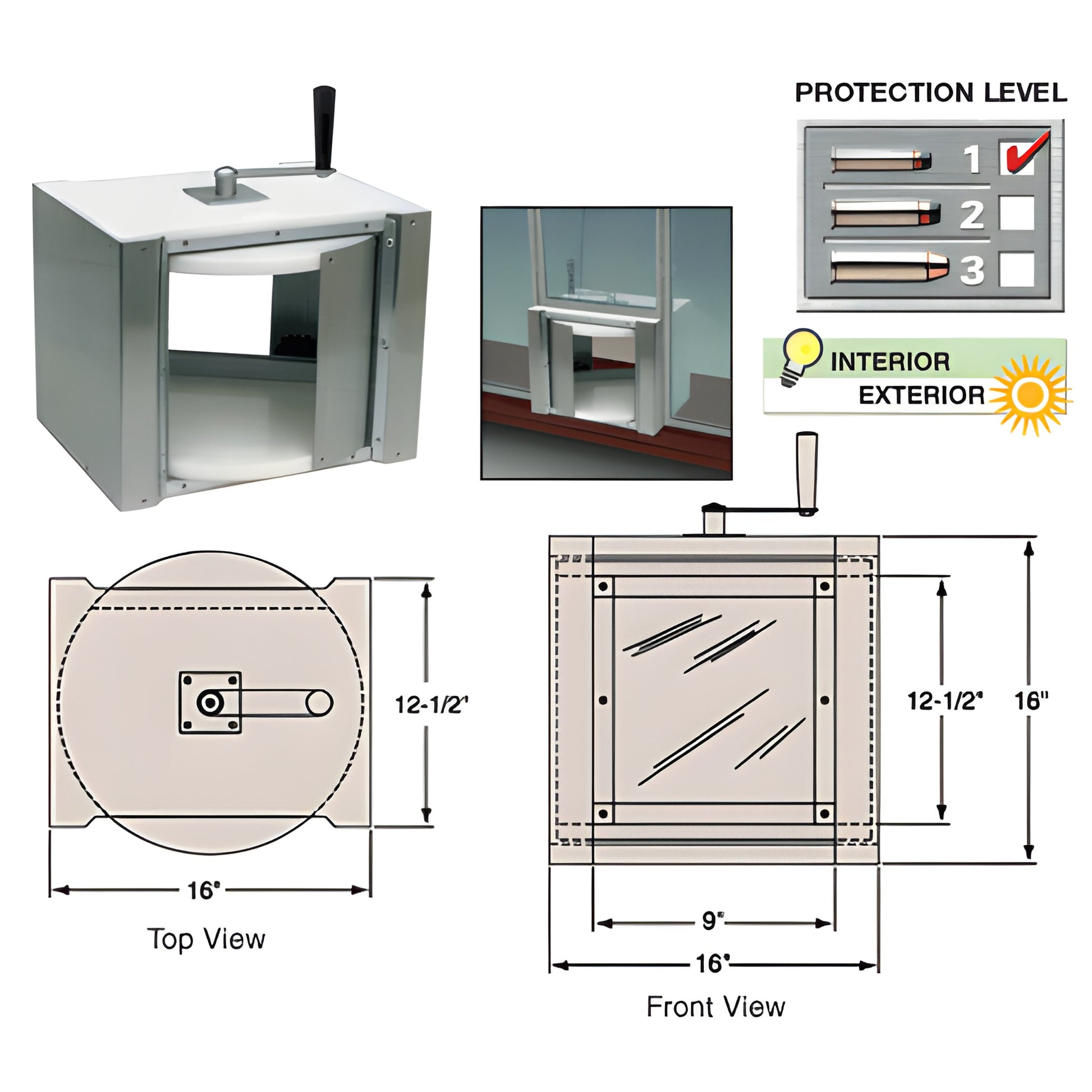 RSVW1 stainless steel rotary server with crank, 180 rotating drum and vision panel; Level 1 bullet resistant, 16 16 12.5 in