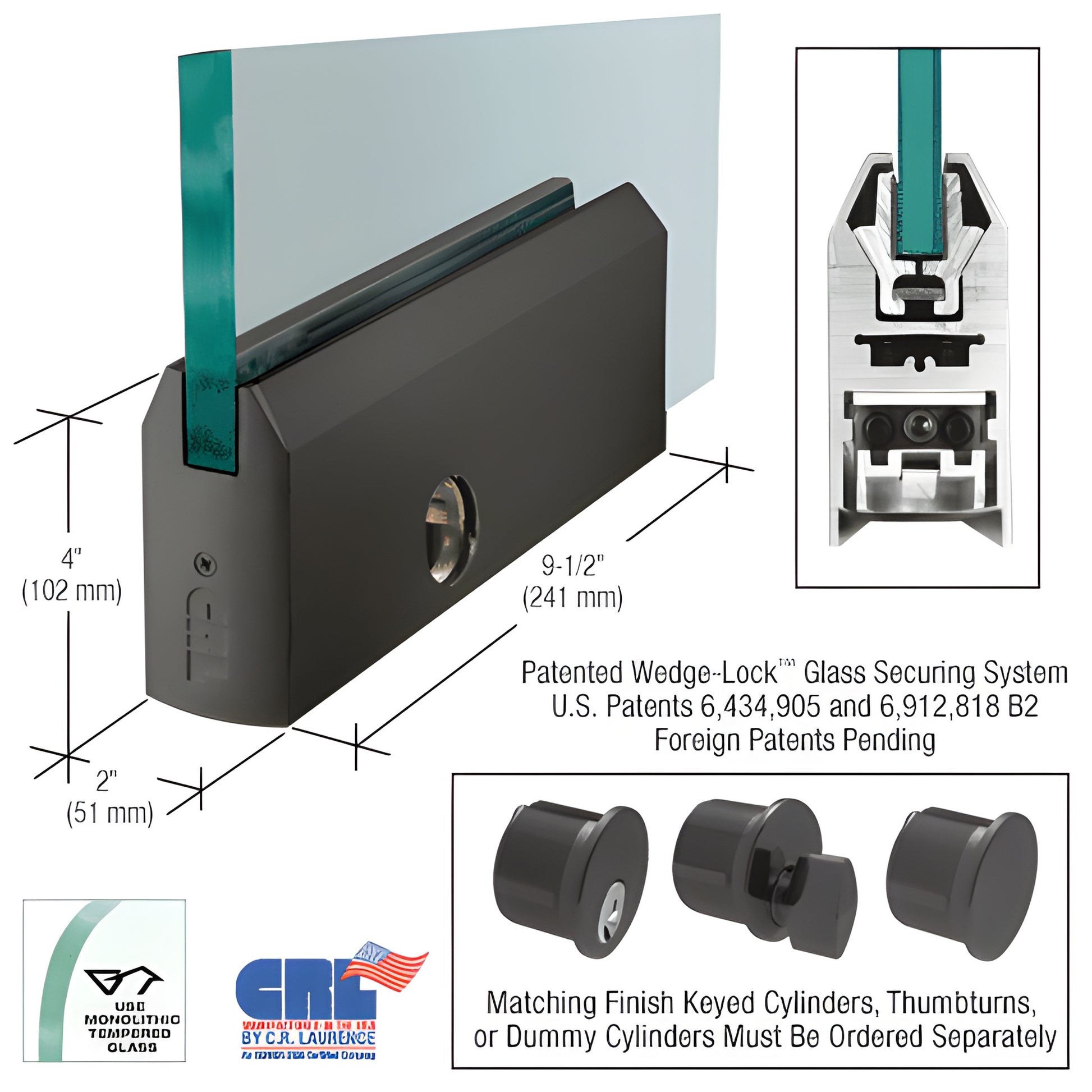 Black bronze 9-1/2in tapered aluminum Wedge-Lock door rail patch for 1/2in glass, lock included (SKU DR4TDU12PL)