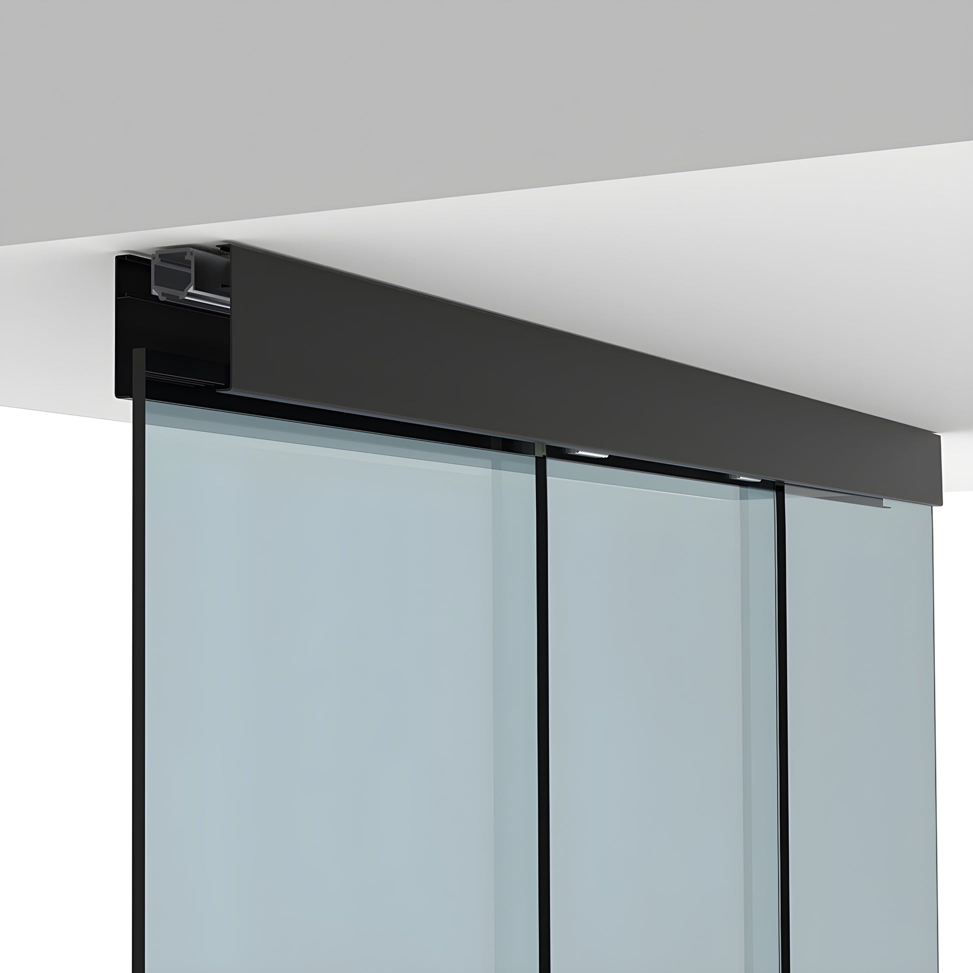CRL502CMBL matte black structural ceiling mounted sliding hardware for tempered glass doors, top hung 118in track