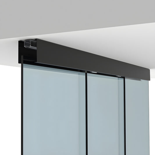 CRL502CMBL matte black structural ceiling mounted sliding hardware for tempered glass doors, top hung 118in track