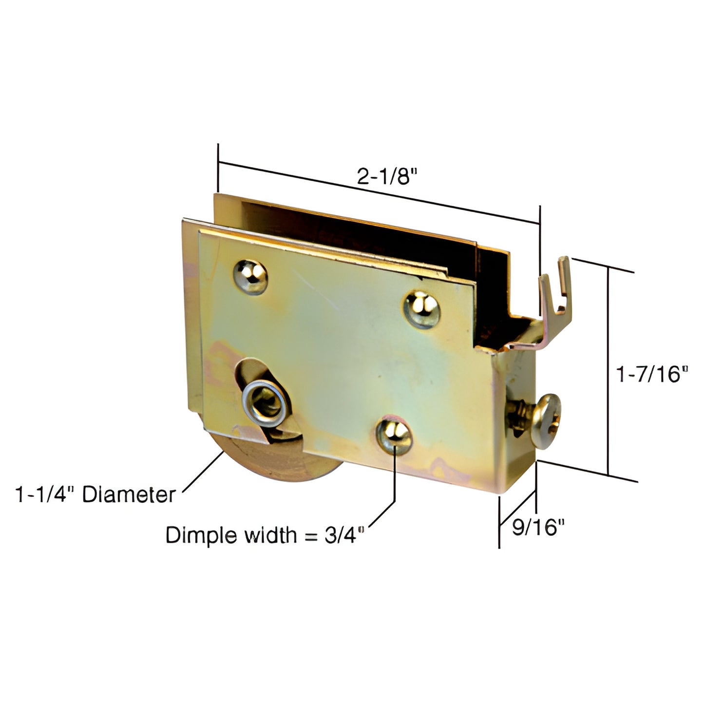 D1756 adjustable steel sliding glass door roller assembly, single concave 1-1/4" wheel, 2-1/8" x 1-7/16" housing