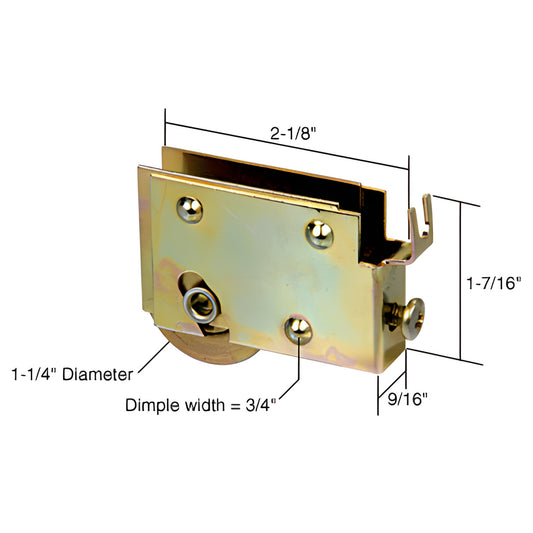D1756 adjustable steel sliding glass door roller assembly, single concave 1-1/4" wheel, 2-1/8" x 1-7/16" housing