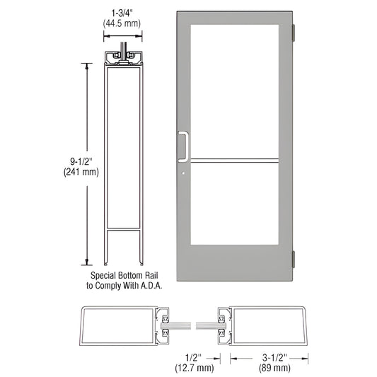 Commercial clear-anodized aluminum storefront entrance door with 1/4" tempered glass, ADA 9-1/2" bottom rail and push/pull ha