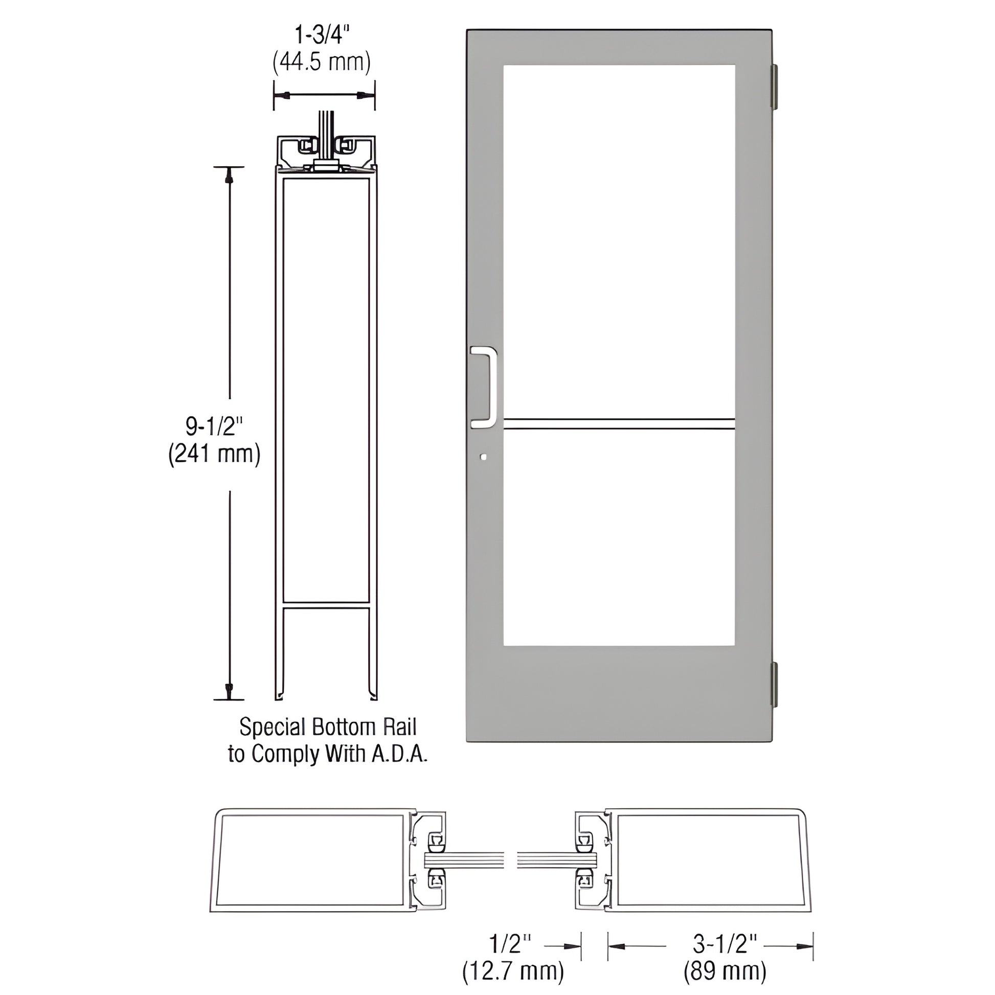 Clear anodized medium-stile commercial entrance door with 9-1/2" ADA bottom rail, 3-1/2" stiles and glass panel. SKU DE41511
