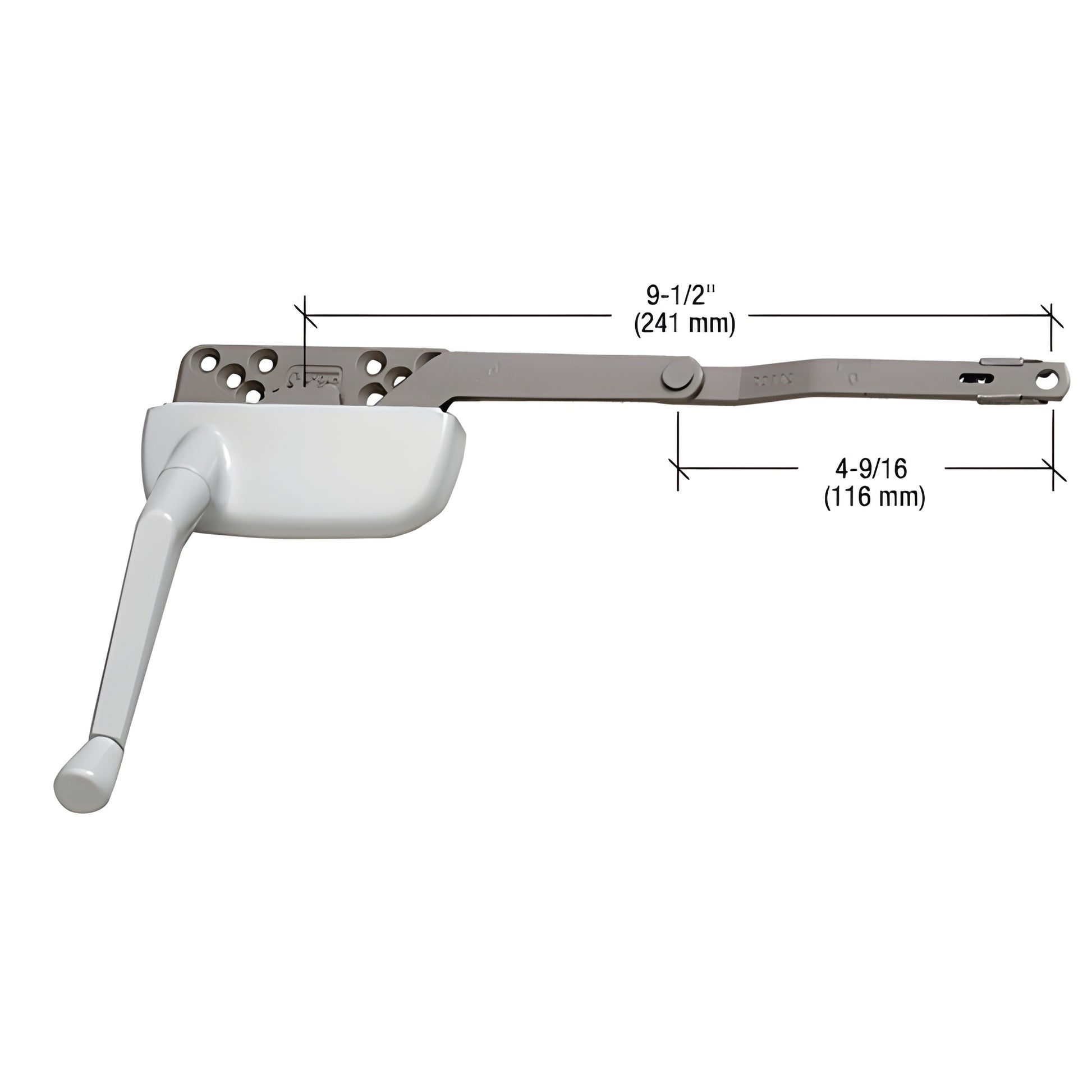 EP24177 white surface-mount dyad casement window operator with crank handle, right-hand, 9-1/2" arm, 4-9/16" link.