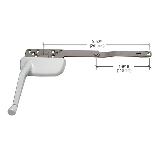 EP24177 white surface-mount dyad casement window operator with crank handle, right-hand, 9-1/2" arm, 4-9/16" link.