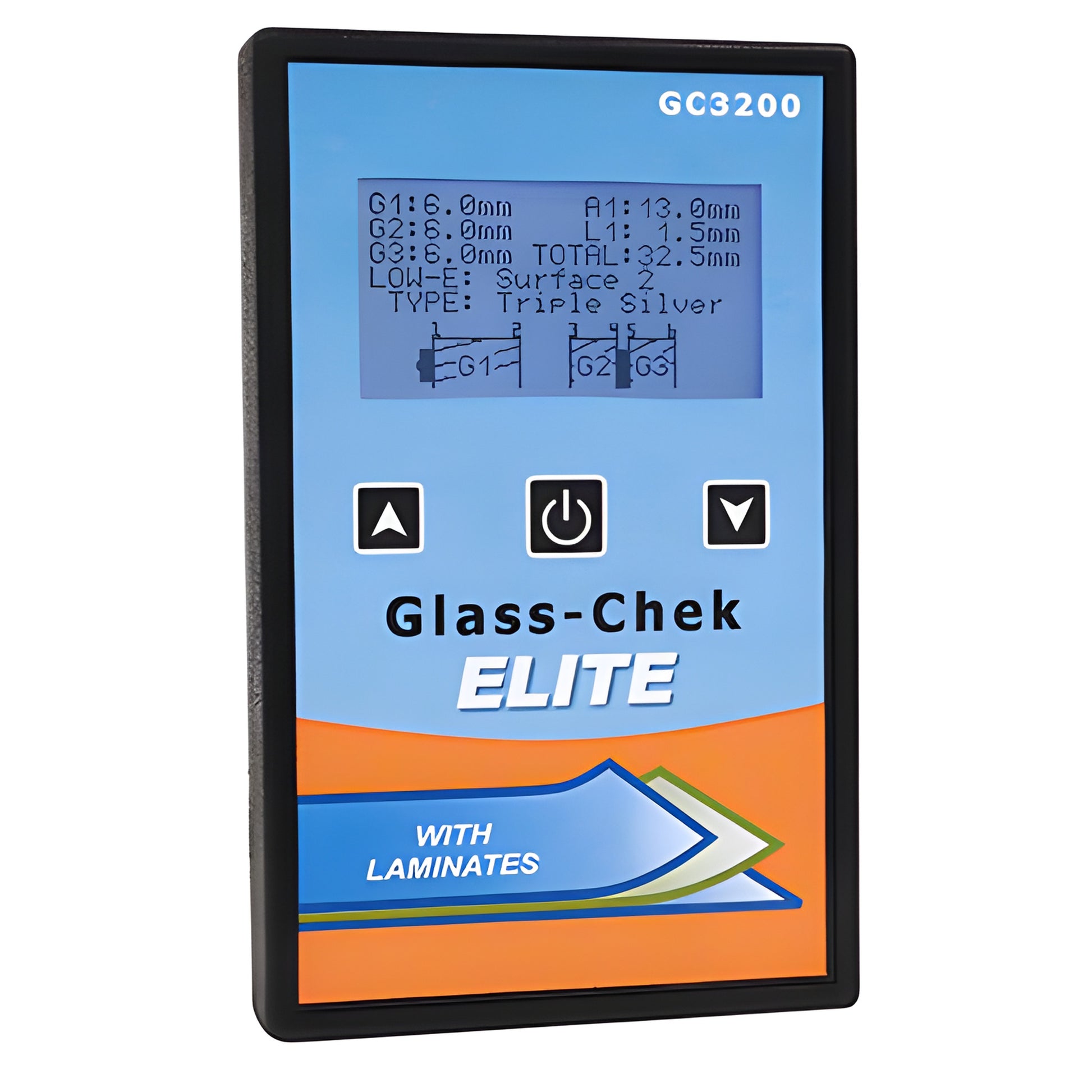Glass-Chek Elite GC3200 laminated glass detector with LCD showing layered window profile and laminate thickness readouts.