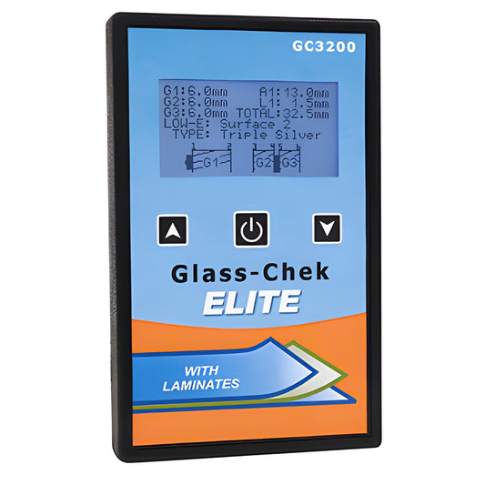 Glass-Chek Elite GC3200 laminated glass detector with LCD showing layered window profile and laminate thickness readouts.