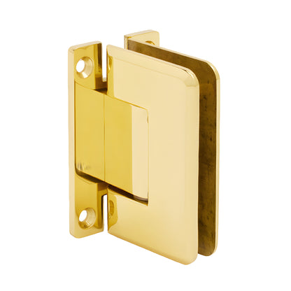 P1N537BR polished brass Pinnacle shower hinge for 8-12mm tempered glass, beveled edge, self-centering, wall-mount.