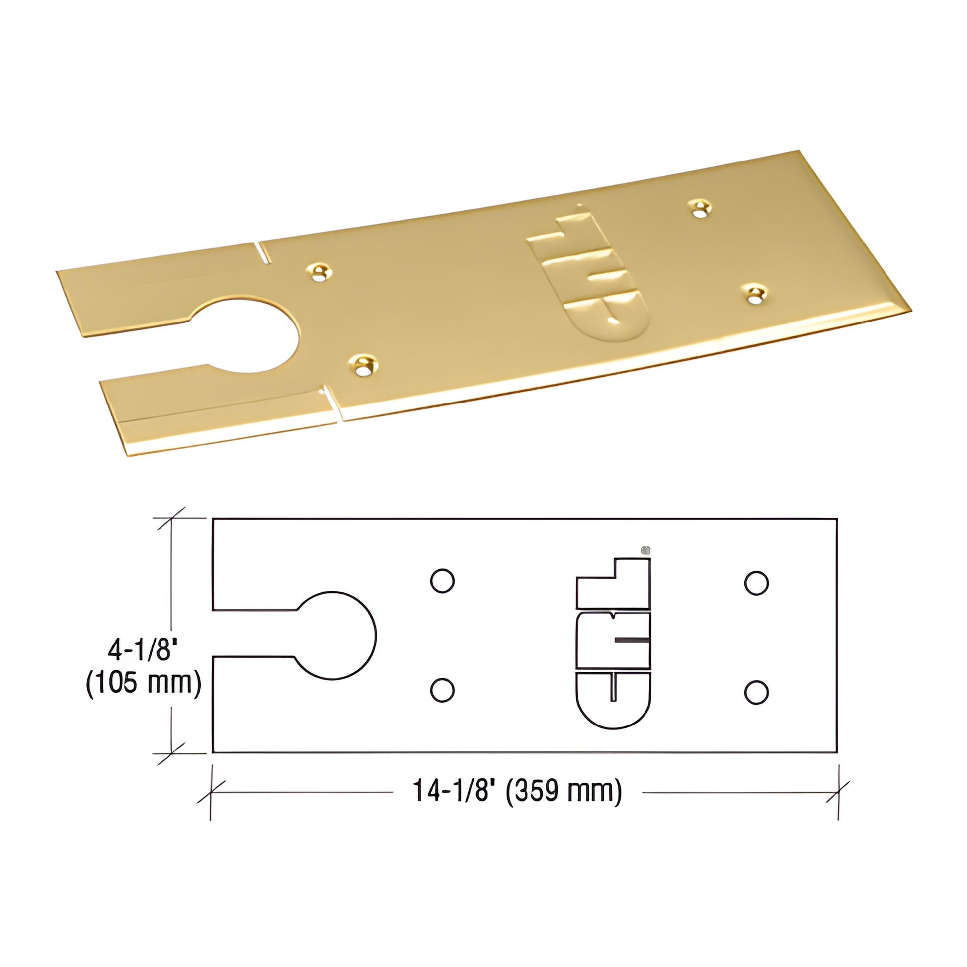 CRL 8500 floor closer cover plate, polished brass, 14-1/8" x 4-1/8", access cutout