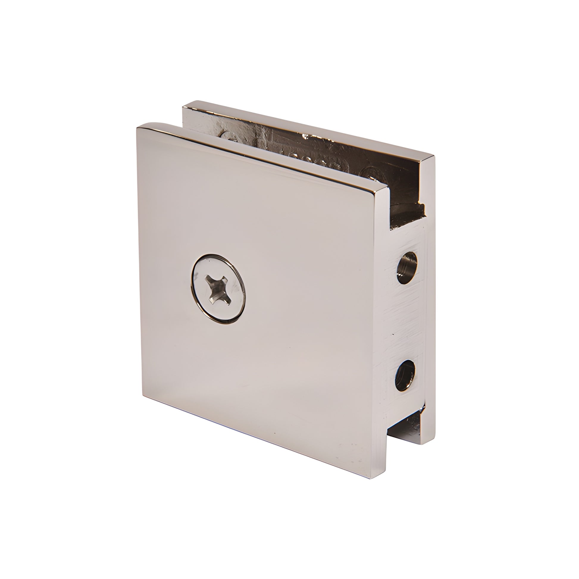 Polished nickel square wall-mount glass clamp (SGCU1PN), solid brass, for 3/8-1/2" (10-12mm) frameless shower glass.