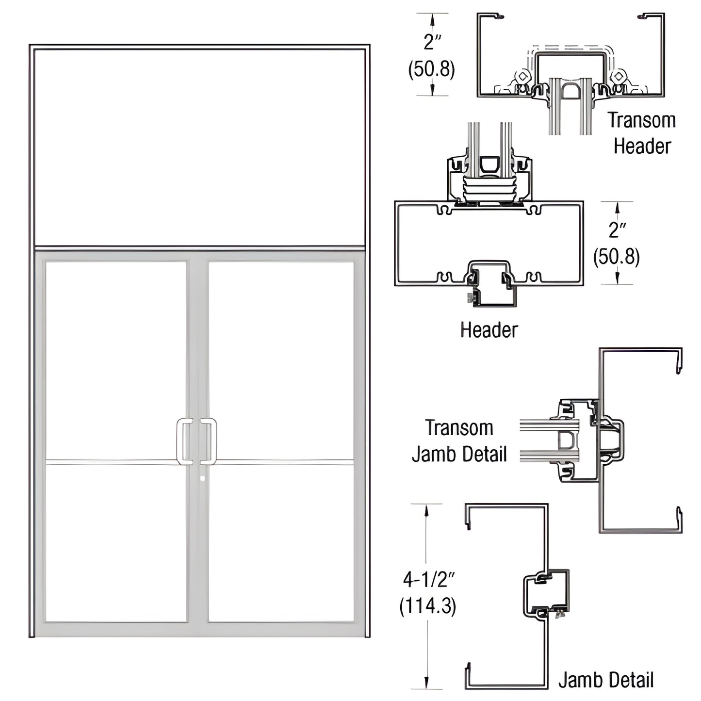 White Kynar aluminum transom frame with butt hinge and aluminum threshold, includes flushbolts - SKU 0B92552