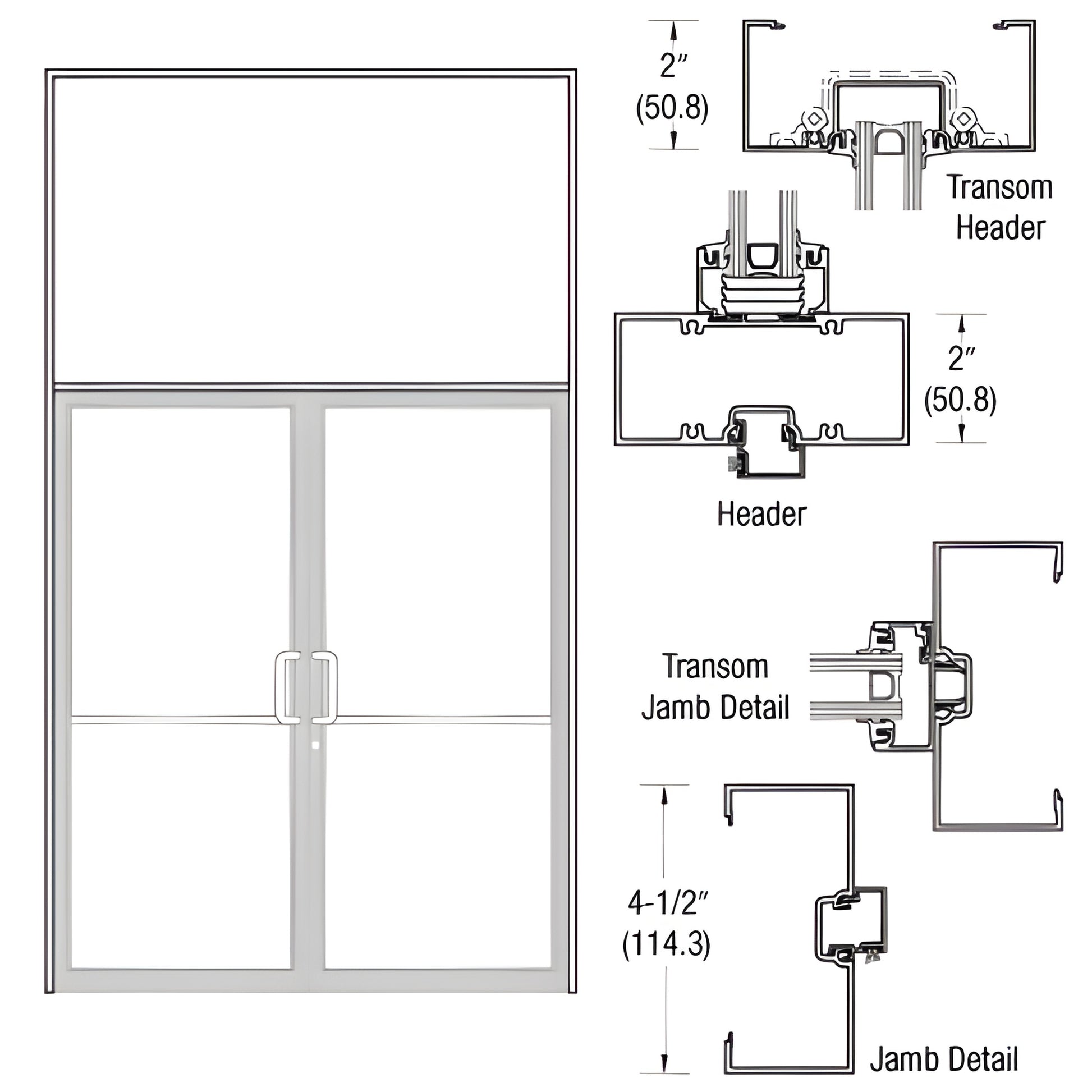 White Kynar aluminum transom frame with butt hinge and aluminum threshold, includes flushbolts - SKU 0B92552
