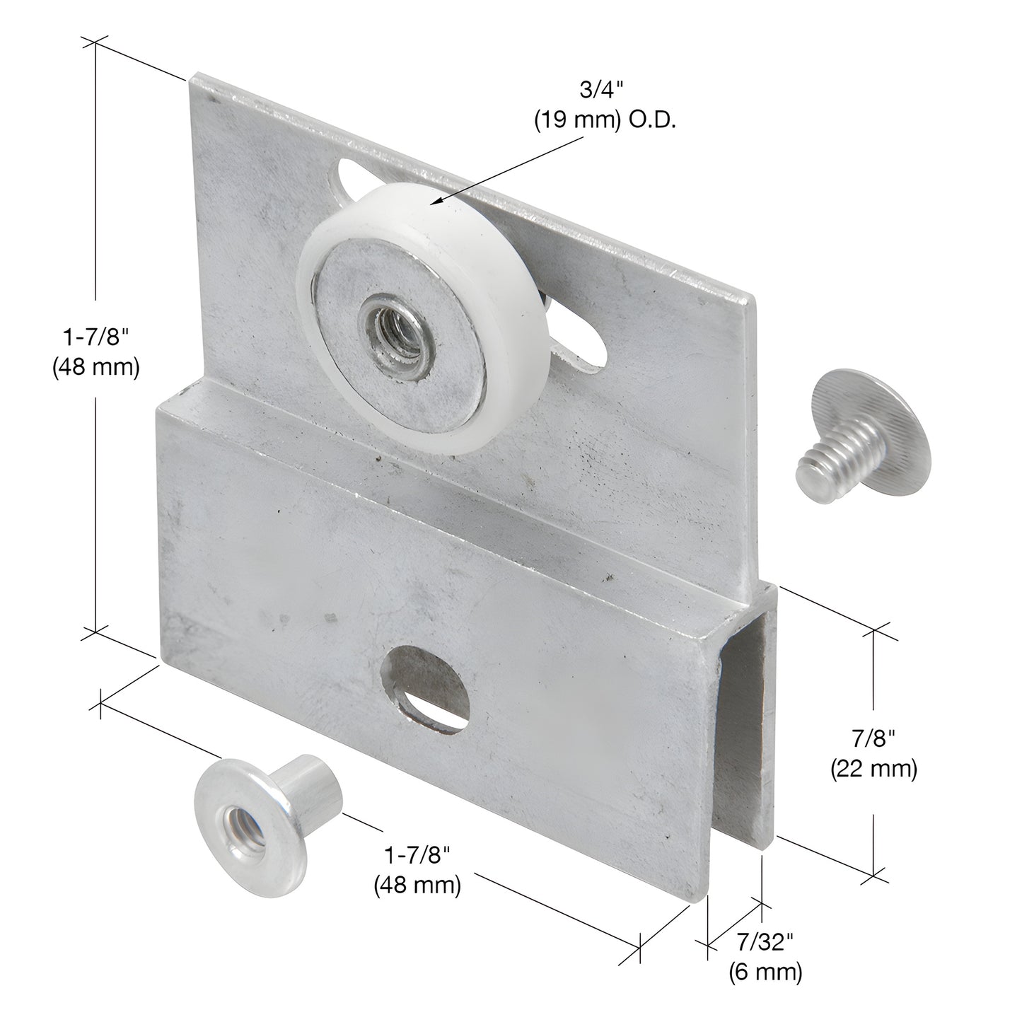 Aluminum adjustable bracket with white nylon roller and mounting posts for frameless shower door (5 mm glass) - SKU M6054