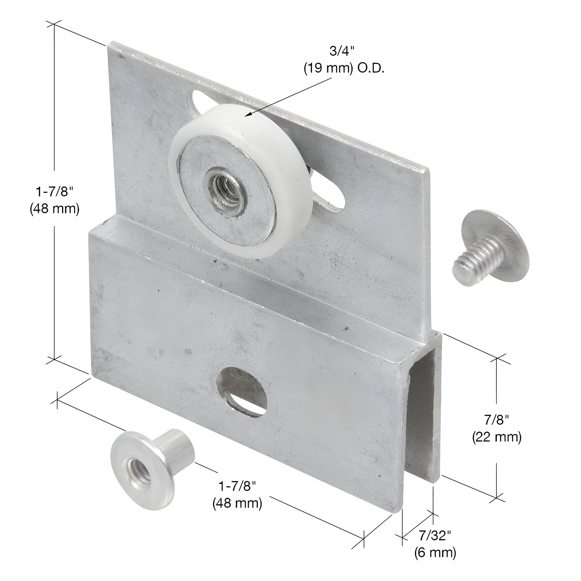 Aluminum adjustable bracket with white nylon roller and mounting posts for frameless shower door (5 mm glass) - SKU M6054