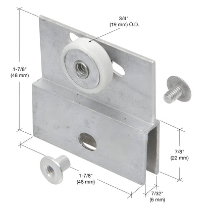 Aluminum adjustable bracket with white nylon roller and mounting posts for frameless shower door (5 mm glass) - SKU M6054