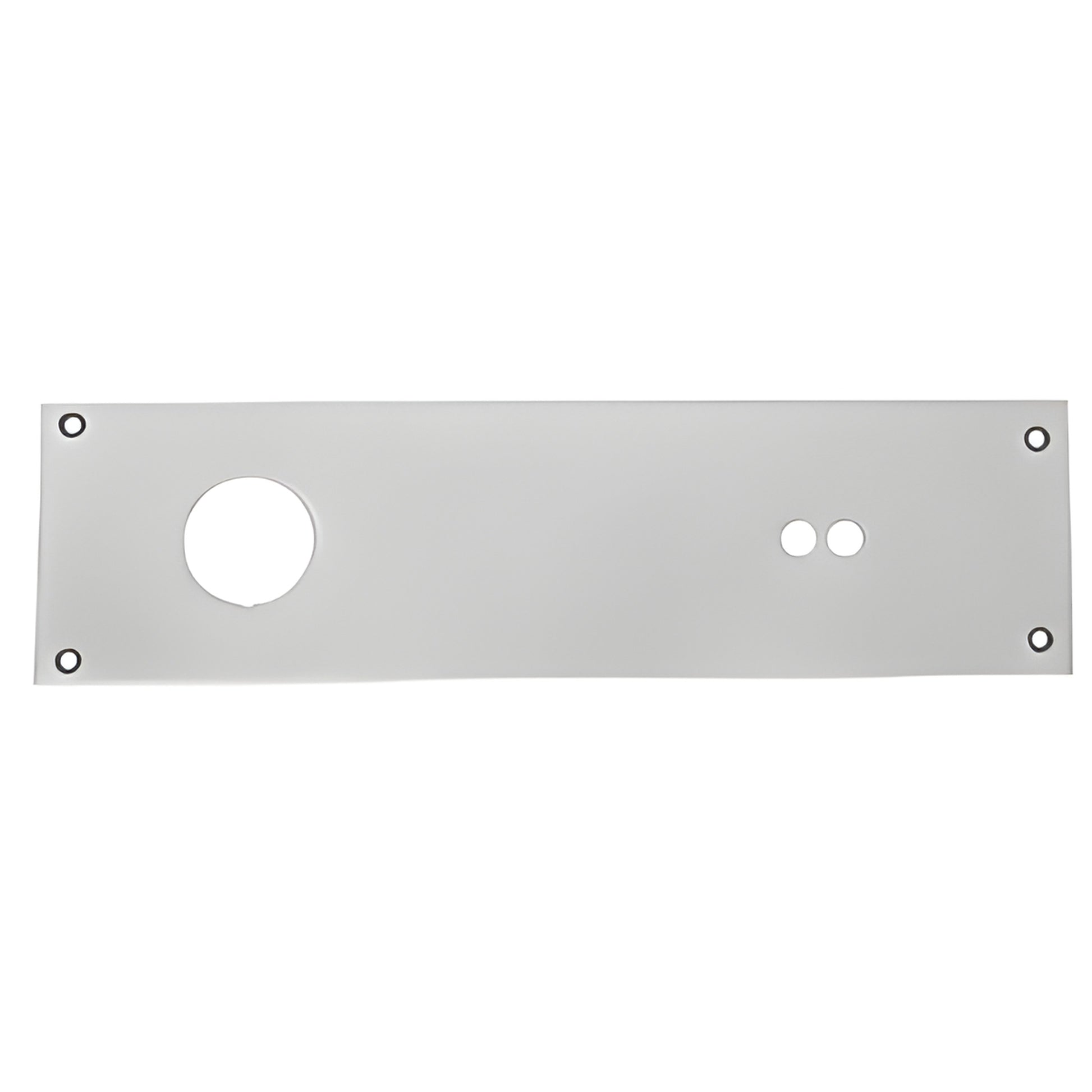 Aluminum overhead concealed closer cover plate 13-3/4" x 3-11/16", large round and two small holes, four corner grommets