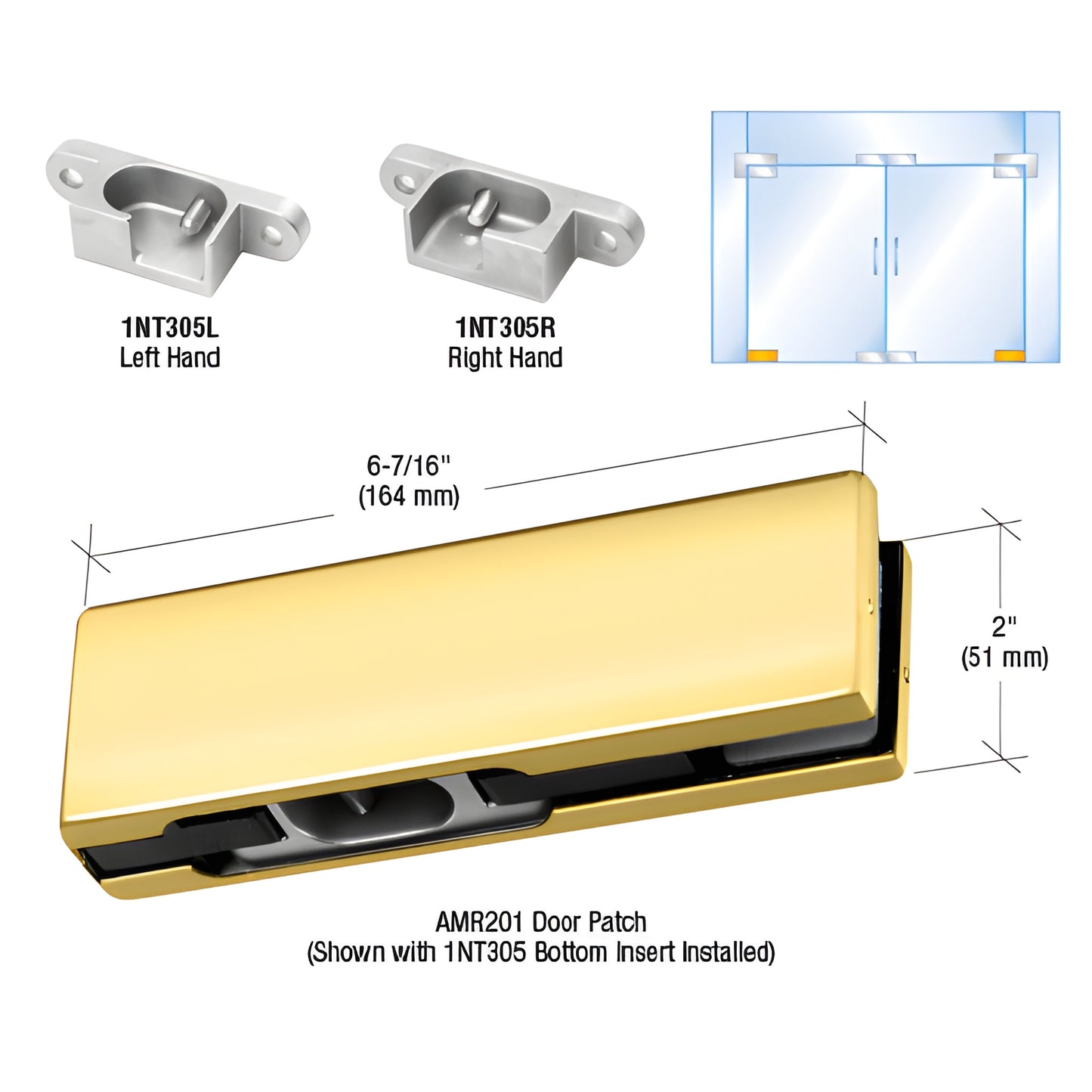 PH10ERBR polished brass AMR201 bottom door patch for 3/8"-1/2" tempered glass doors, right-hand pivot