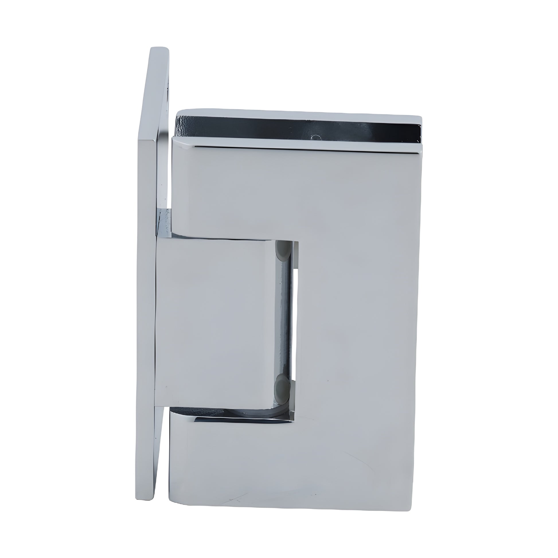 GEN044CH polished chrome brass Geneva shower door hinge, wall-mount offset back plate, self-centering, fits 8-12mm glass.