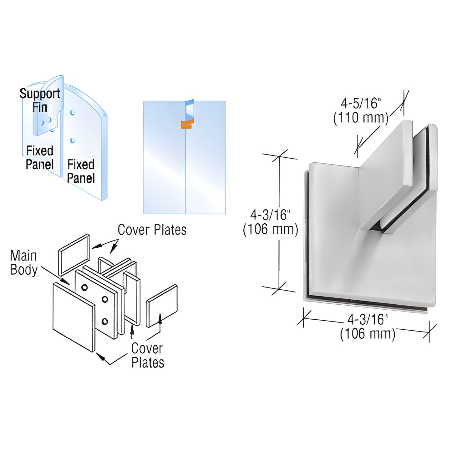 PH81BS brushed stainless steel patch connector with support fin bracket for 3/8" or 1/2" (10/12 mm) tempered glass.