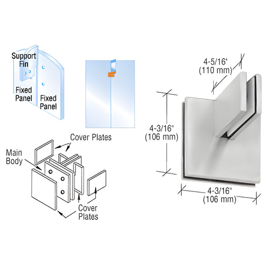 PH81BS brushed stainless steel patch connector with support fin bracket for 3/8" or 1/2" (10/12 mm) tempered glass.