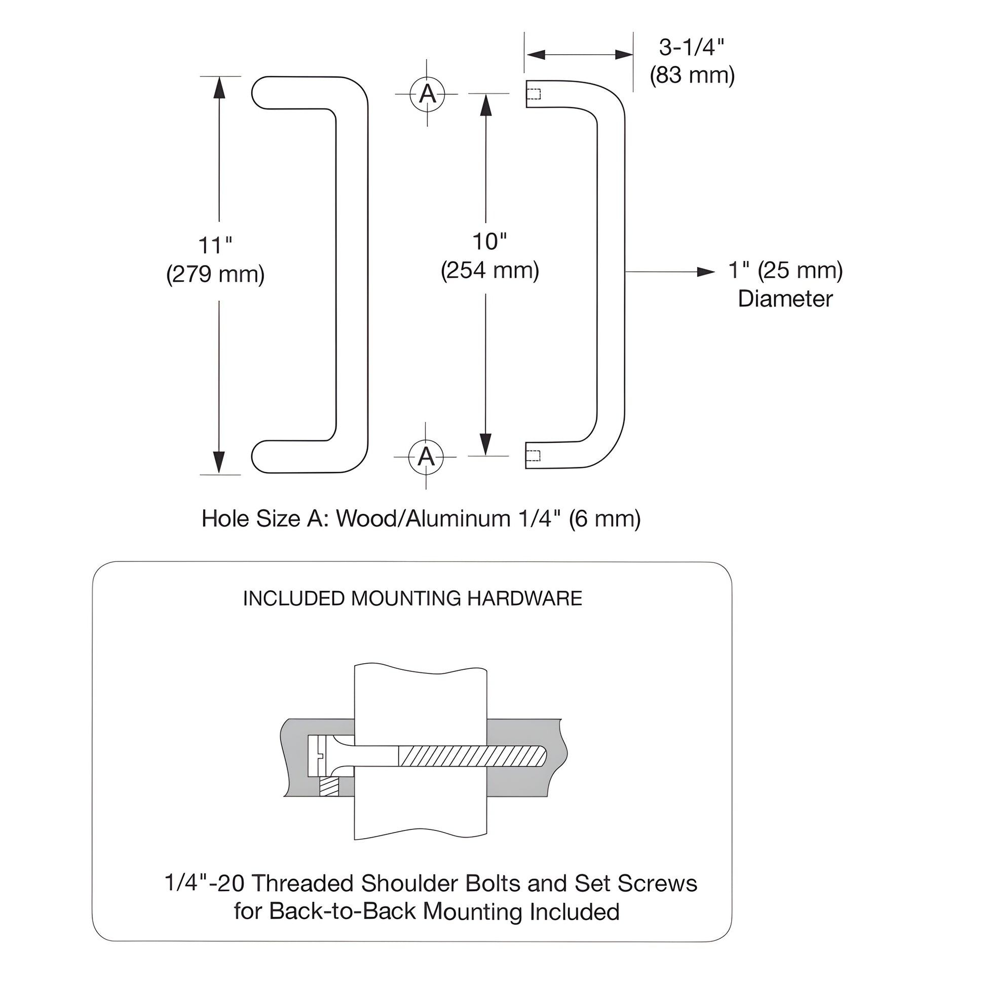 Brushed stainless 1 in offset door pull handle set, 10 in c-to-c, back-to-back mount with hardware. SKU M21741032D