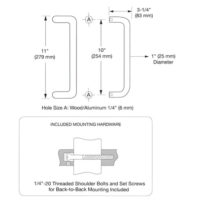 Brushed stainless 1 in offset door pull handle set, 10 in c-to-c, back-to-back mount with hardware. SKU M21741032D