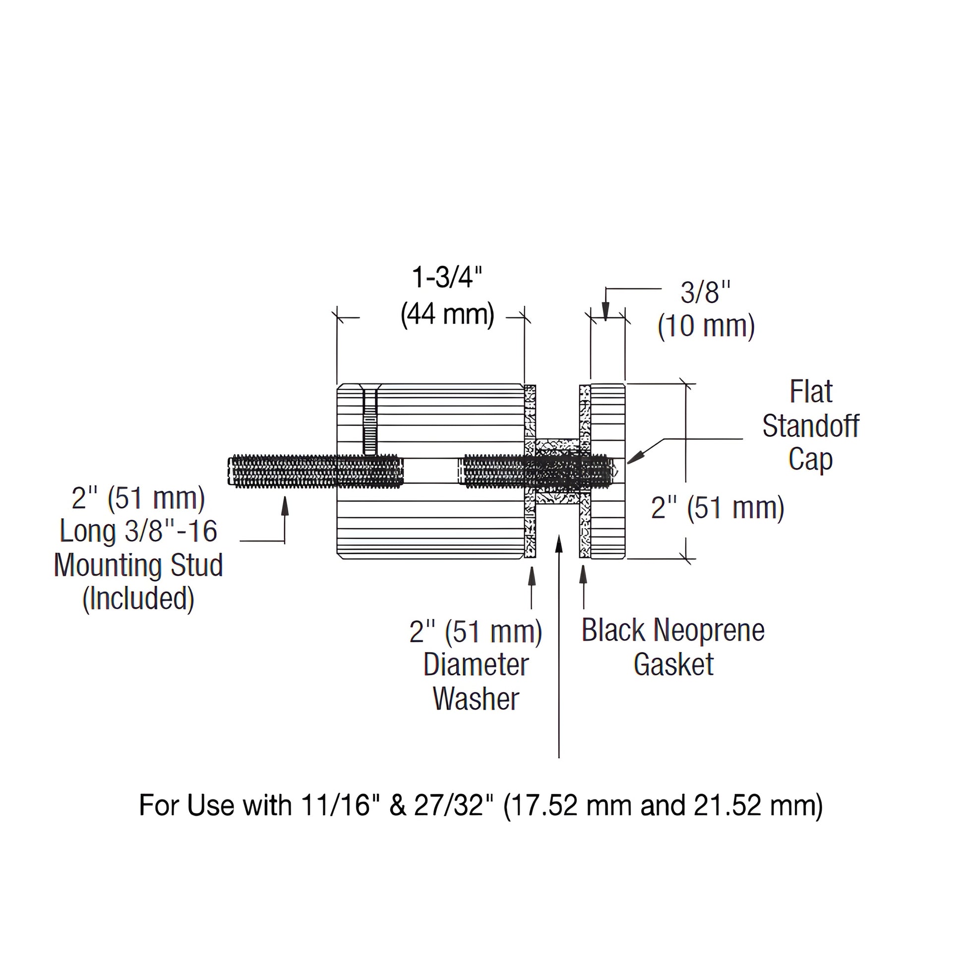 Matte black 2" stainless steel glass rail standoff base and cap with mounting stud (SKU RS0B2134MBL)