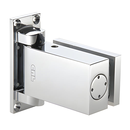 H8060CH polished chrome one-way wall-mount oil-dynamic hinge for frameless glass doors, 90 swing