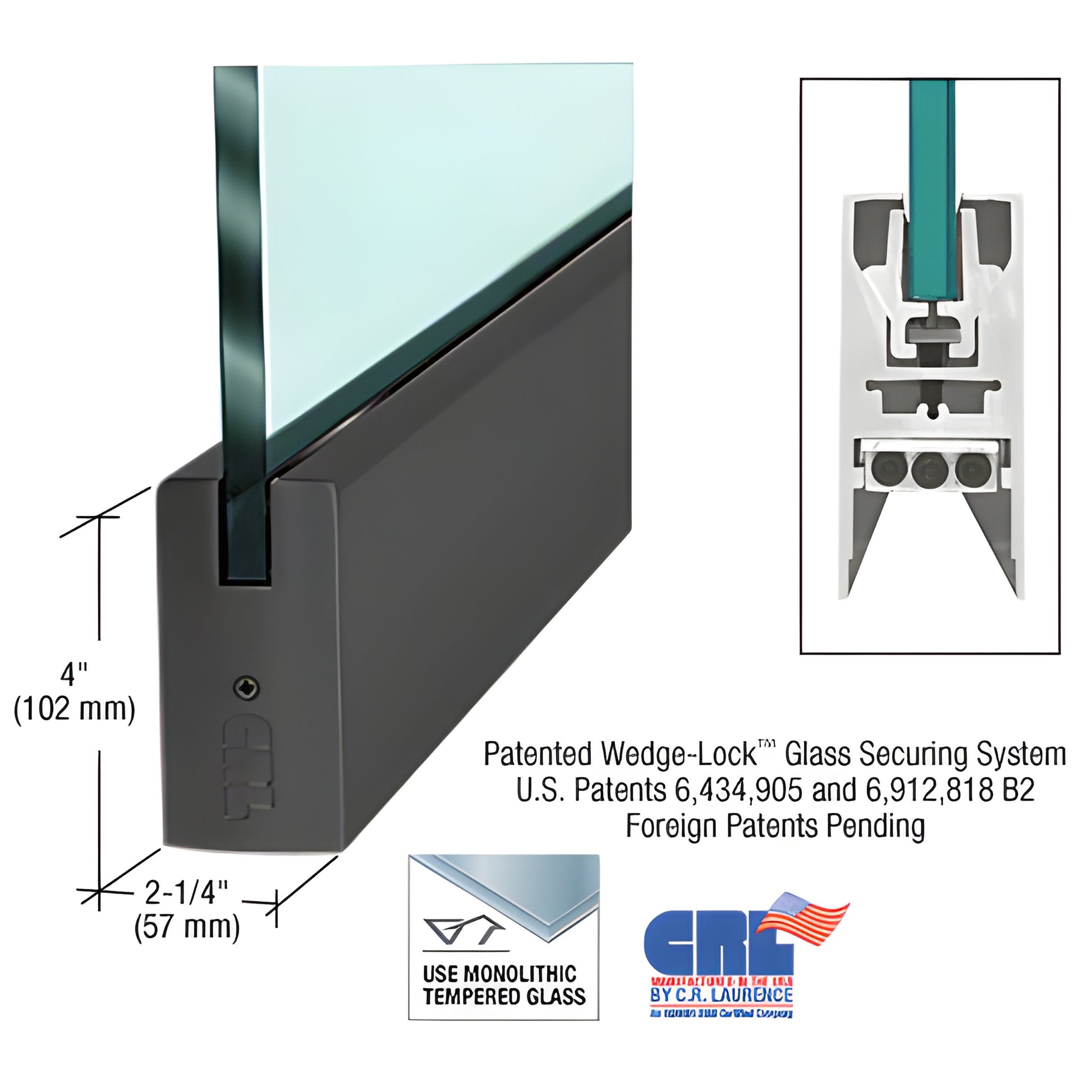 Matte black aluminum door rail, 4 in square, fits 1/2 in (12 mm) monolithic tempered glass, 41 in, Wedge-Lock system