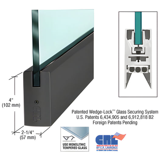 Matte black aluminum door rail, 4 in square, fits 1/2 in (12 mm) monolithic tempered glass, 41 in, Wedge-Lock system