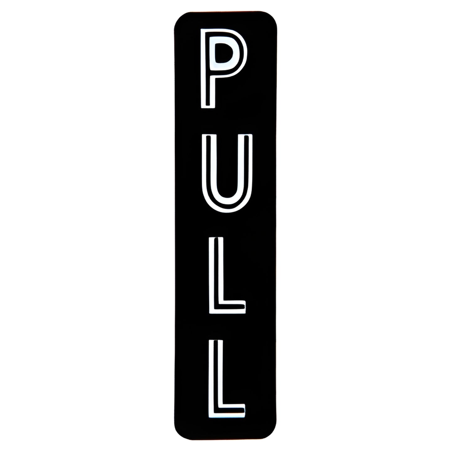 Black vertical die-cut mylar door decal reading "PULL", 5-3/4 in x 1-3/8 in, SKU 567VA