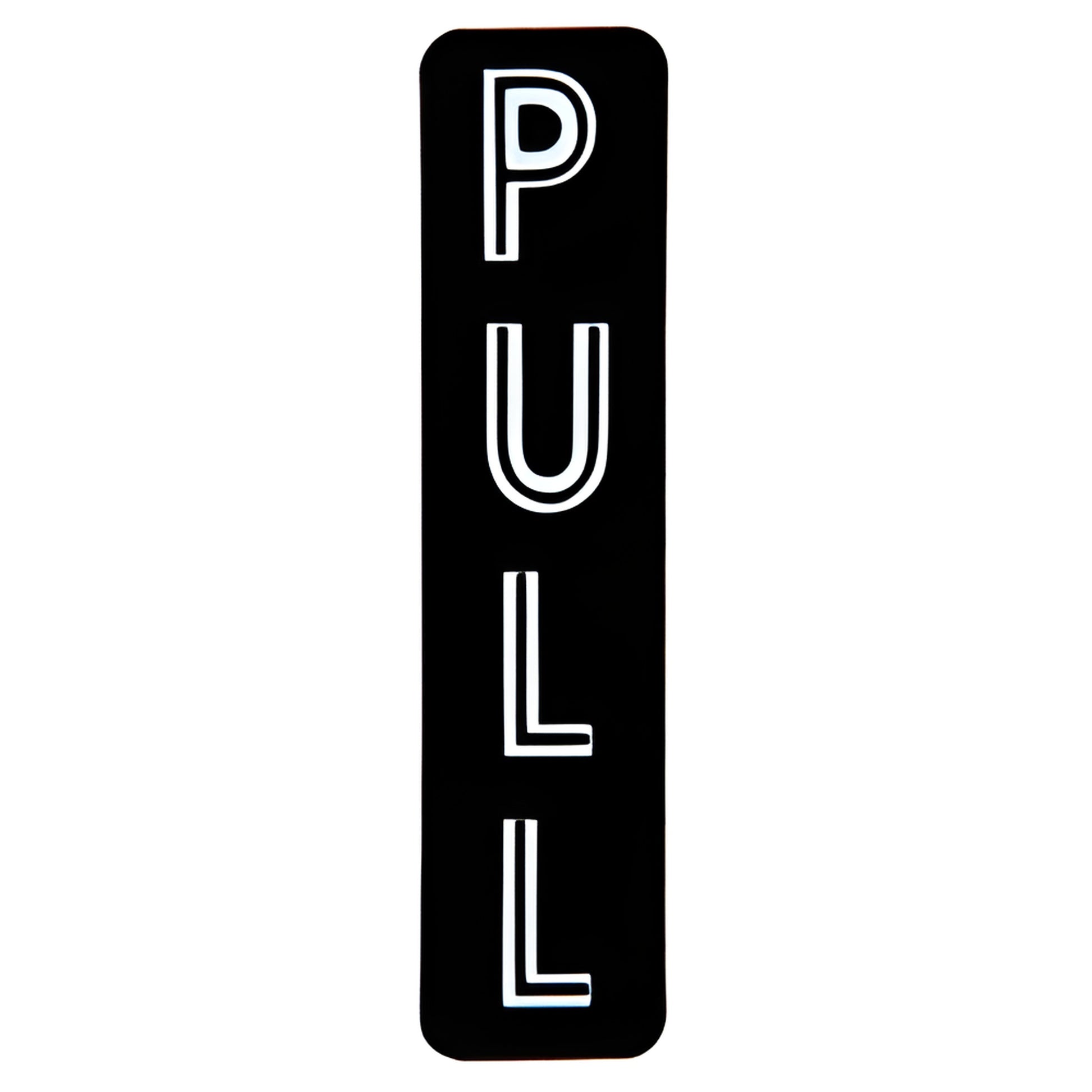 Black vertical die-cut mylar door decal reading "PULL", 5-3/4 in x 1-3/8 in, SKU 567VA