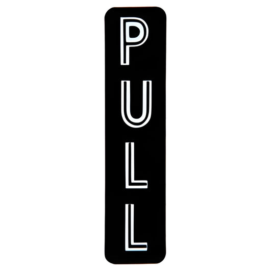 Black vertical die-cut mylar door decal reading "PULL", 5-3/4 in x 1-3/8 in, SKU 567VA
