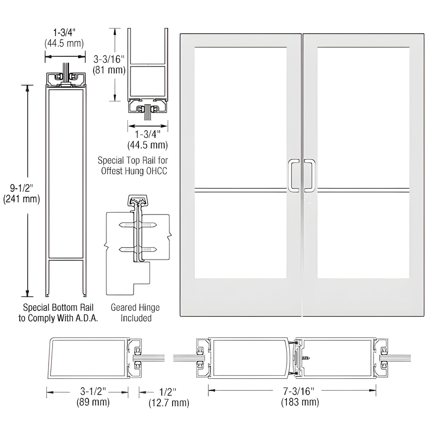 CD42952 White Kynar commercial double entrance door, medium stile, 3-1/2" stiles, ADA 9-1/2" bottom rail; glass sold separate