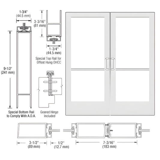 CD42952 White Kynar commercial double entrance door, medium stile, 3-1/2" stiles, ADA 9-1/2" bottom rail; glass sold separate