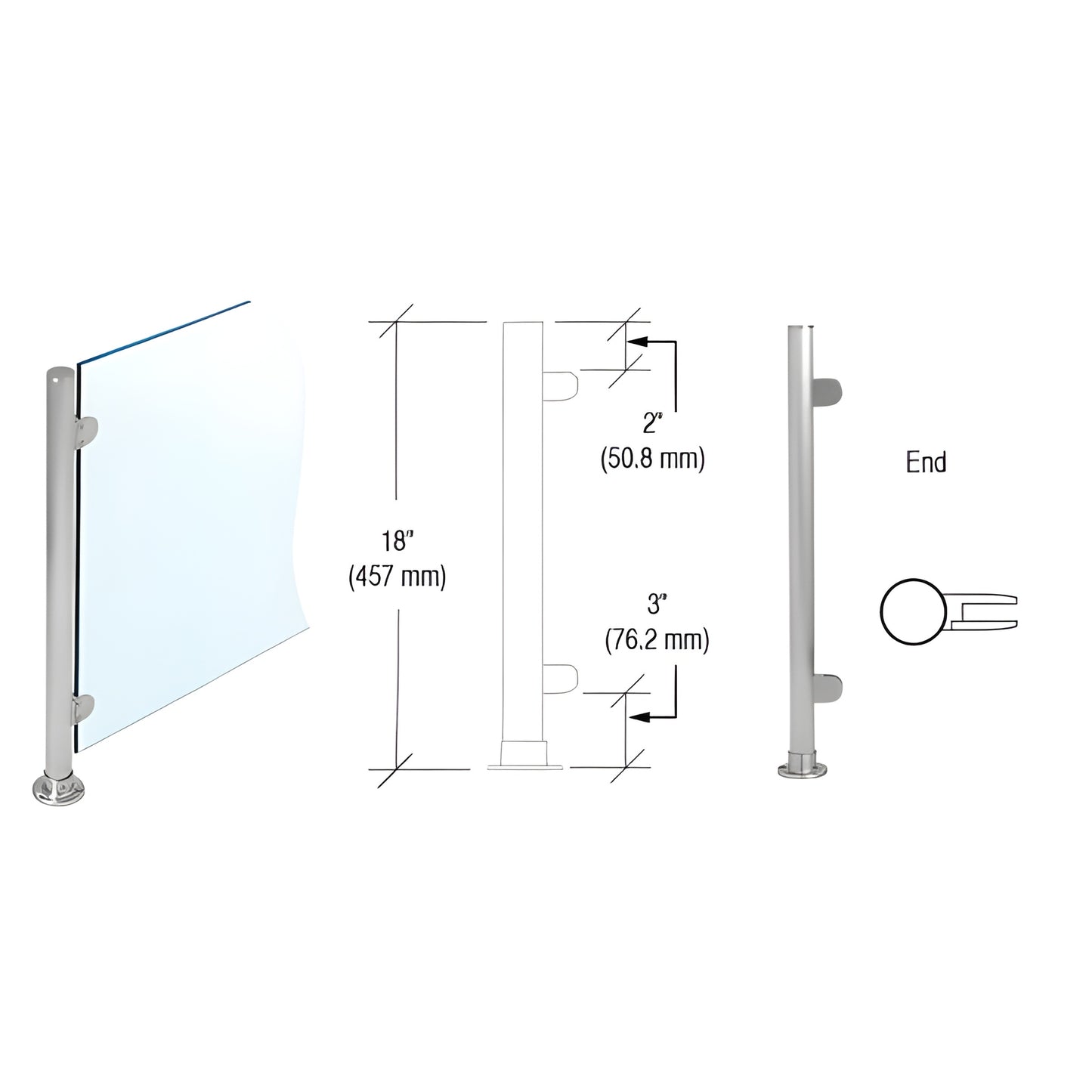 PP49EBS: 18" brushed stainless round partition post, 1" tube, flat cap, adhesive flange base, Z-clamps for 1/4" glass.