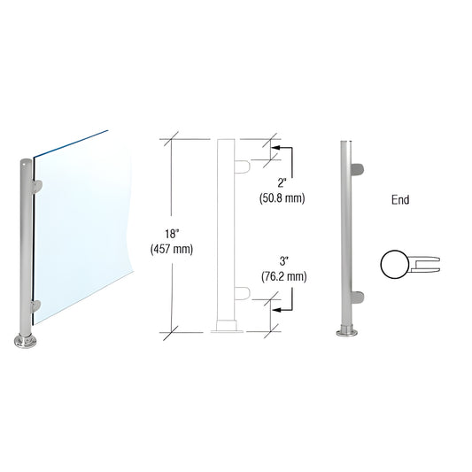 PP49EBS: 18" brushed stainless round partition post, 1" tube, flat cap, adhesive flange base, Z-clamps for 1/4" glass.