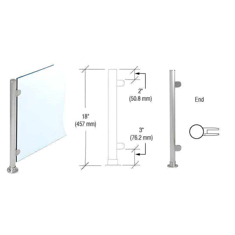 PP49EBS: 18" brushed stainless round partition post, 1" tube, flat cap, adhesive flange base, Z-clamps for 1/4" glass.