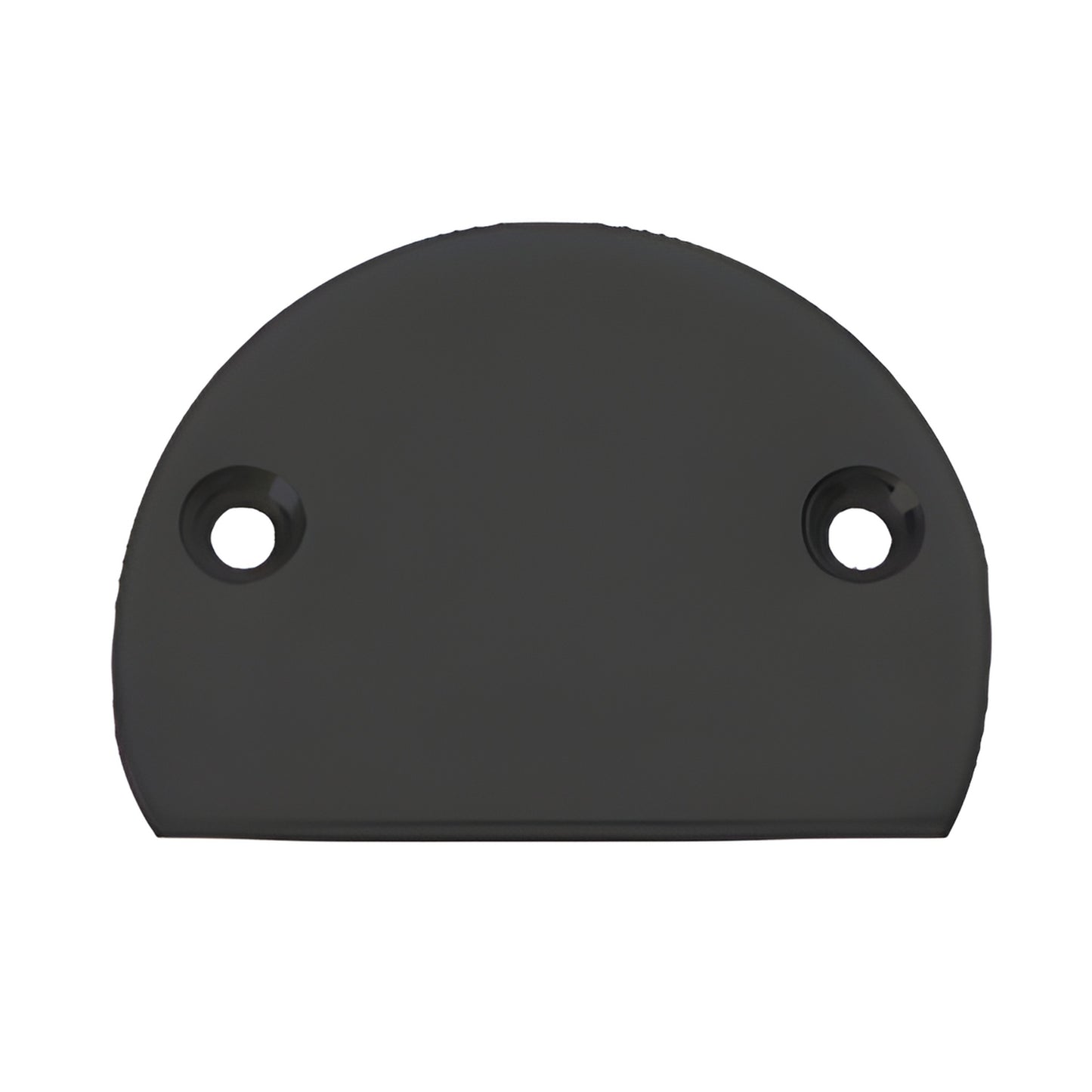 Matte black semicircular metal end cap with two countersunk screw holes, SKU 3XDECBL