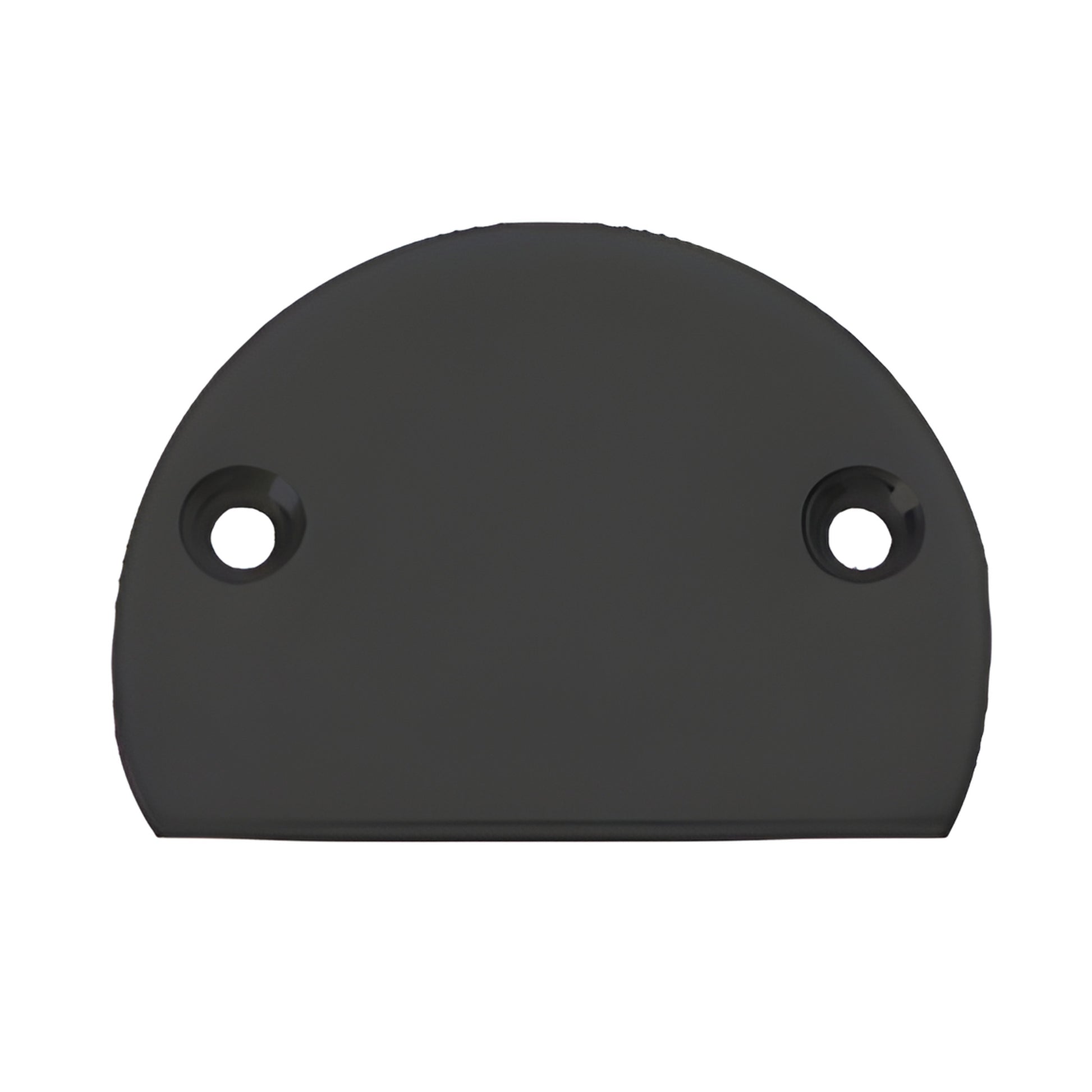 Matte black semicircular metal end cap with two countersunk screw holes, SKU 3XDECBL