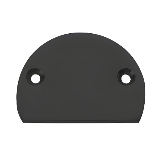 Matte black semicircular metal end cap with two countersunk screw holes, SKU 3XDECBL