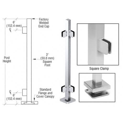 Polished Stainless Steel 36" Glass Clamp 90° Corner Post Railing Kit - CRL Square Design