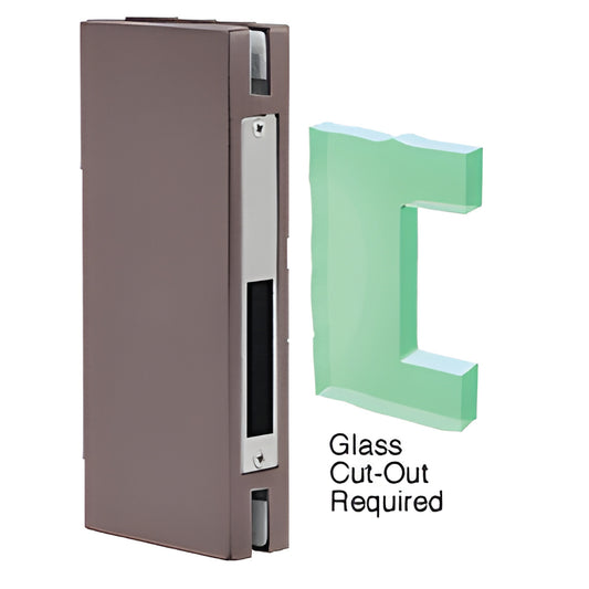 DTK410DU black bronze anodized 4x10 glass keeper for 1/2" tempered glass doors; non-handed, glass cut-out required.