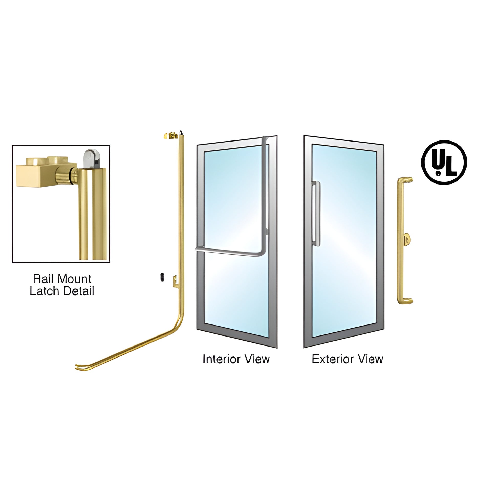 PA100X3AKSB satin brass glass-door panic handle, 1-1/4 in tube, interior push bar with exterior fixed pull.