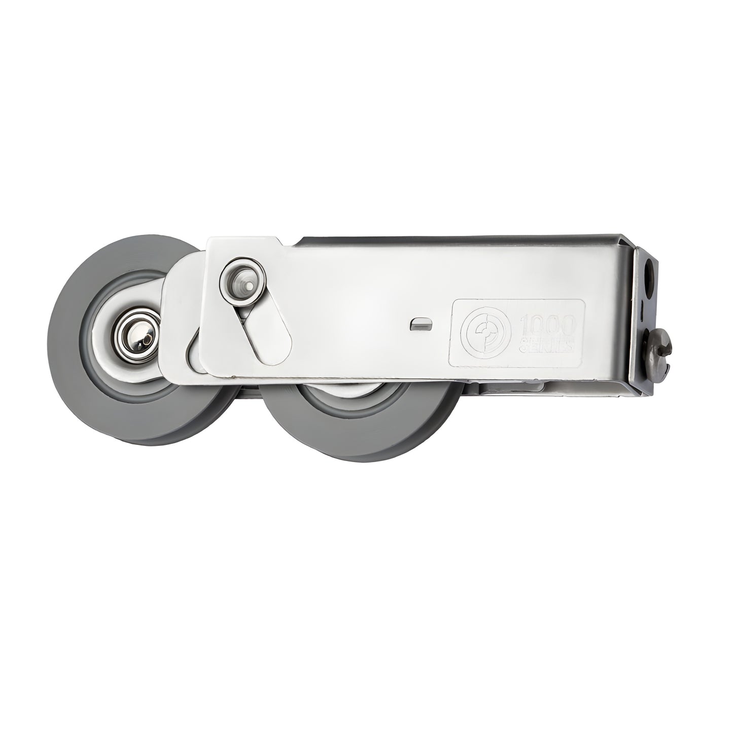 Tandem sliding glass door roller assembly, adjustable steel housing with two gray polymer concave wheels - SKU A1D1739