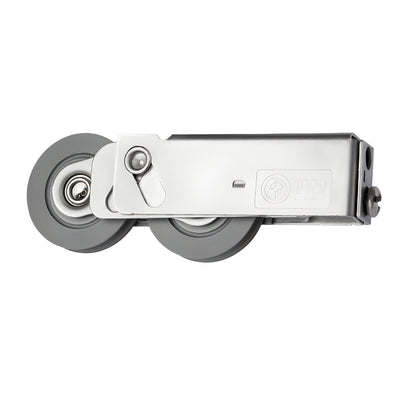 Tandem sliding glass door roller assembly, adjustable steel housing with two gray polymer concave wheels - SKU A1D1739