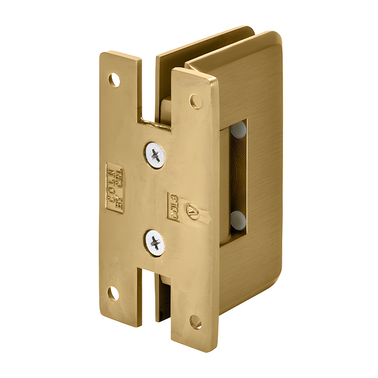 Satin brass adjustable shower door hinge (Cologne series) SKU C0L337SB, solid brass wall-mount hinge for 10-12mm glass